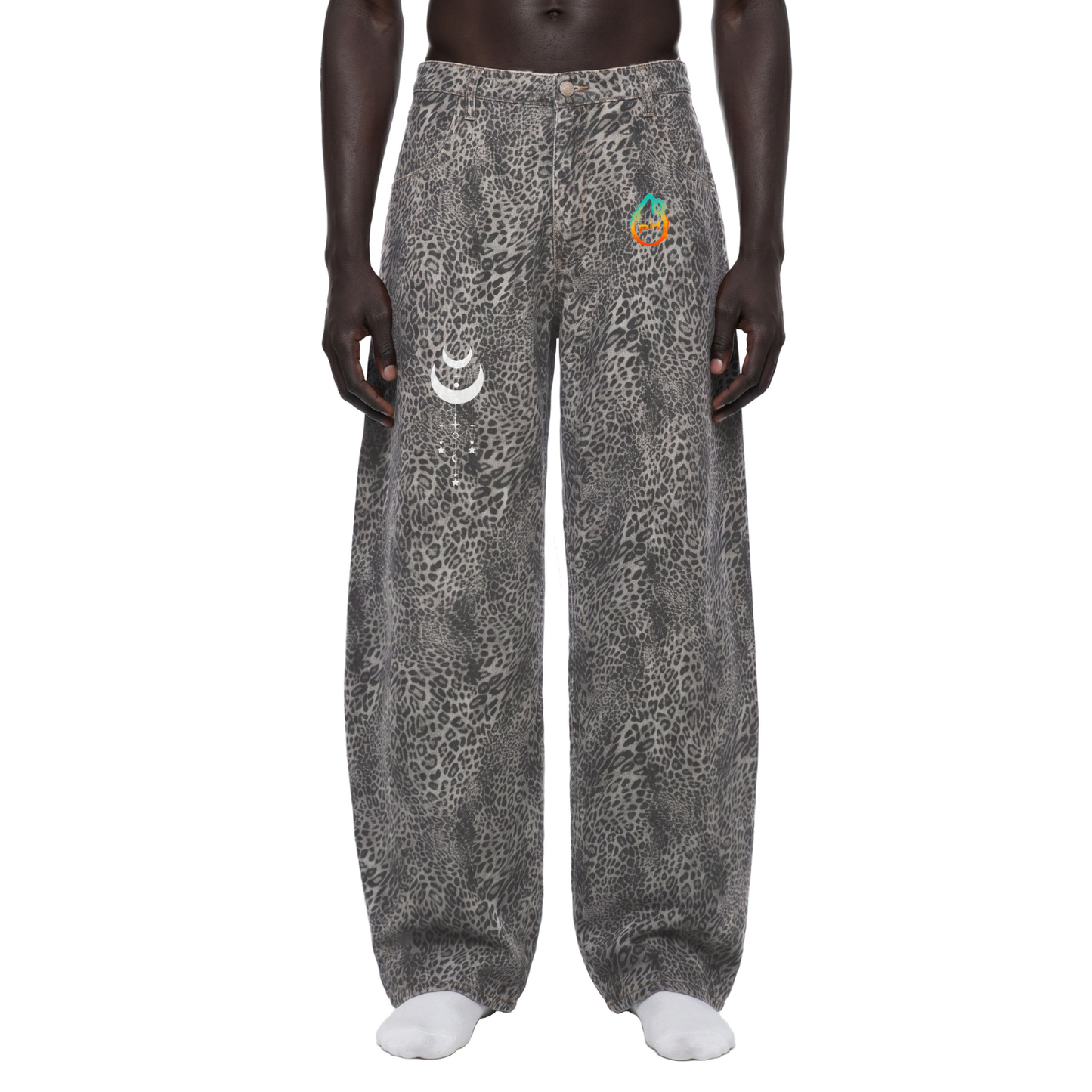 Existential - Unisex Vintage Wash Leopard Wide Leg Jeans
