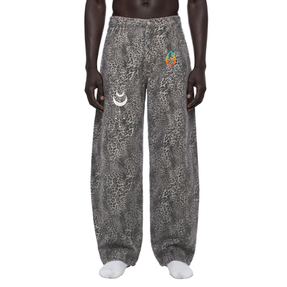 Existential - Unisex Vintage Wash Leopard Wide Leg Jeans