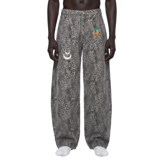 Existential - Unisex Vintage Wash Leopard Wide Leg Jeans