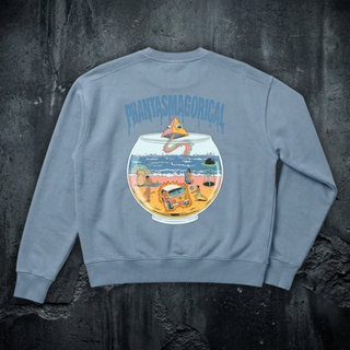 Back of the Life's a Beach crewneck sweatshirt in jeans blue, printed with a beach scene inside a goldfish bowl and an eyed pyramid trailing a rainbow into the water