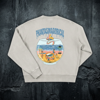 Back of the Life's a Beach crewneck sweatshirt in light gray, printed with a beach scene inside a goldfish bowl under the arched Phantasmagorical wordmark