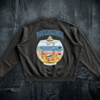 Back of the Life's a Beach crewneck sweatshirt in black, printed with a beach scene inside a goldfish bowl, an eyed pyramid above the rim and the Phantasmagorical wordmark arched over in dripping blue