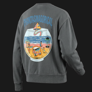 Model wearing the Life's a Beach crewneck sweatshirt in dark gray, close back view of the goldfish bowl beach print with a mushroom parasol, flying saucer and flame-wrapped camper van