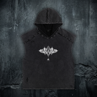 Mycelial Network black snow washed boxy hooded tank, 270 GSM oversized fit, showing the psychedelic mycelium network print