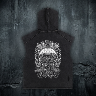 Mycelial Network snow washed boxy hooded tank top in black, 270 GSM heavyweight cotton, front view with mycelium mushroom line art