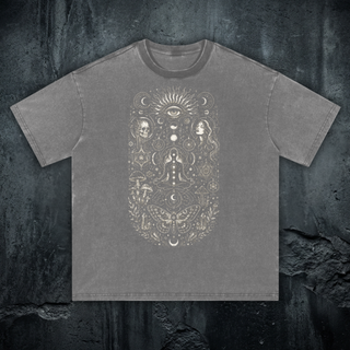 Toadstool Trance 250 GSM fluffy vintage washed tee in light gray, styled flat lay on concrete backdrop, large psychedelic mushroom and sacred-geometry front print, relaxed drop-shoulder fit