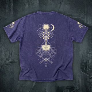 A purple short-sleeve t-shirt with a large white occult and mystical tree of life graphic printed on the back, displayed flat against a dark textured background.