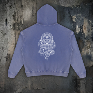 Back view of the DMT.exe distressed hoodie in Misty Purple, white line-art print of a seated figure in a geometric portal above a fanged skull and coiling snake skeletons