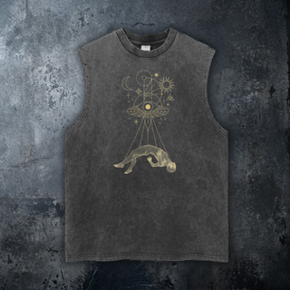 Dimensional Drift Snow Washed Frayed Hem Tank Top by Phantasmagorical, 275 GSM heavyweight cotton with gold wireframe figure and all-seeing eye print