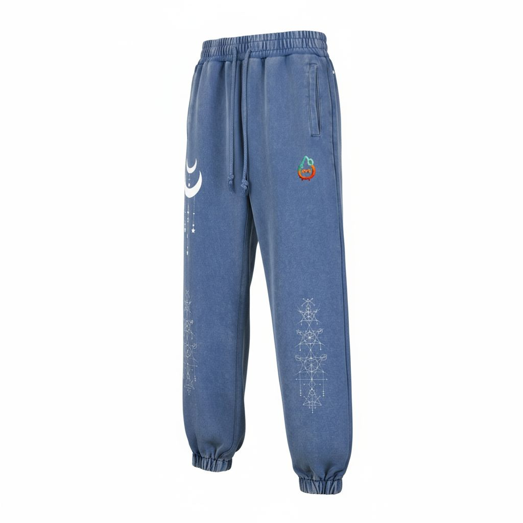 Blue sweatpants with embroidered designs on a white background
