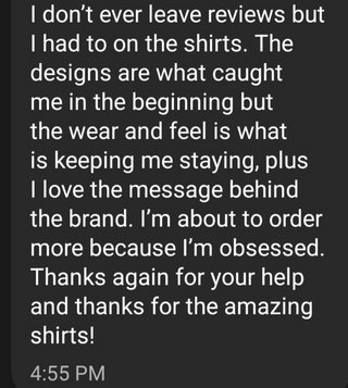 Screenshot of customer review praising Phantasmagorical shirt designs, soft feel, and brand message