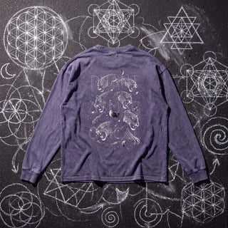 Back of the Spirit Animal acid wash oversized long sleeve tee in Purple Haze, styled on dark asphalt covered in white chalk sacred geometry, showing leopards stacked among the stars.