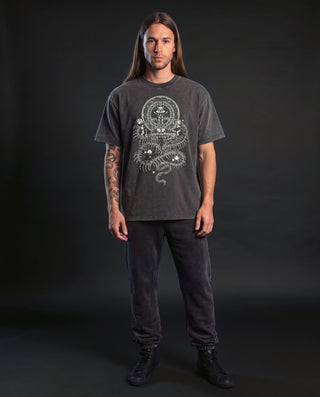 Model wearing the Spirit Molecule fluffy vintage washed heavyweight tee in Dark Gray, front view, showing the full front artwork.